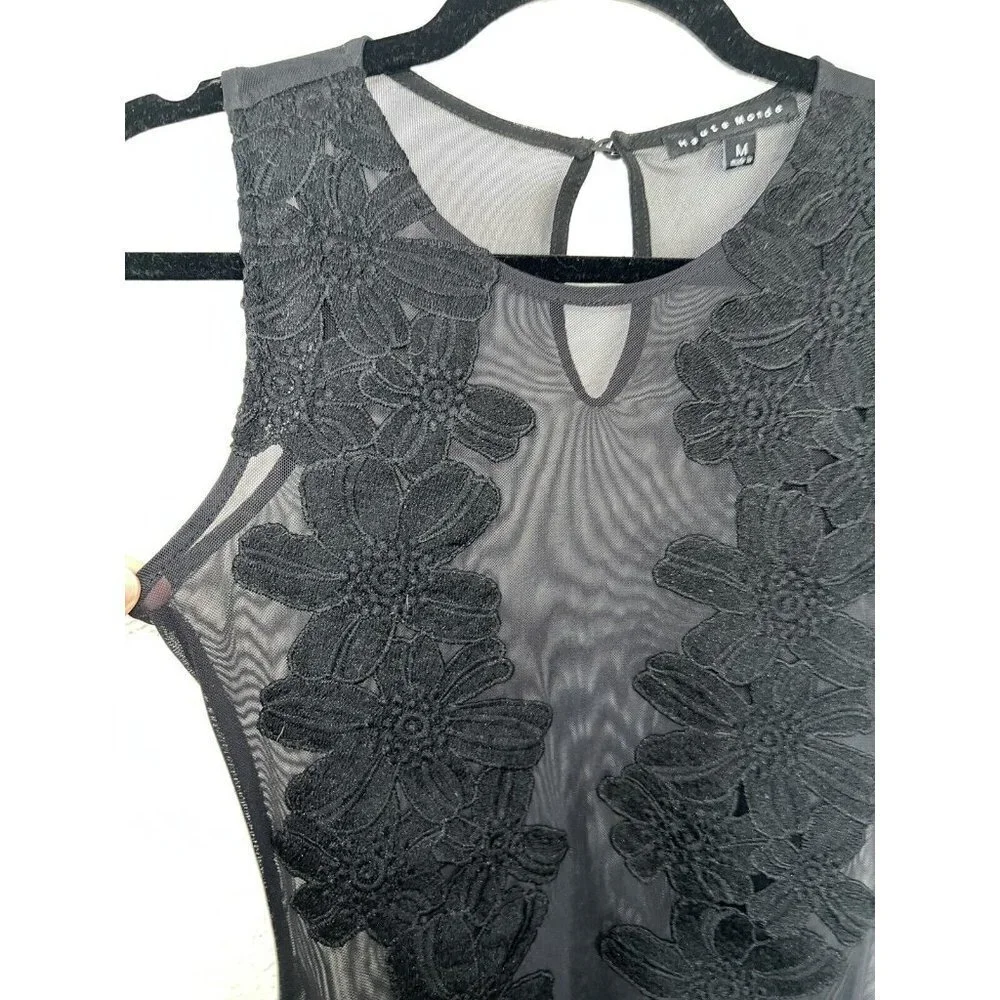 HAUTE Monde Black Bodysuit Sheer Floral Sleevless Size M Womens Sexy G - Picture 5 of 11